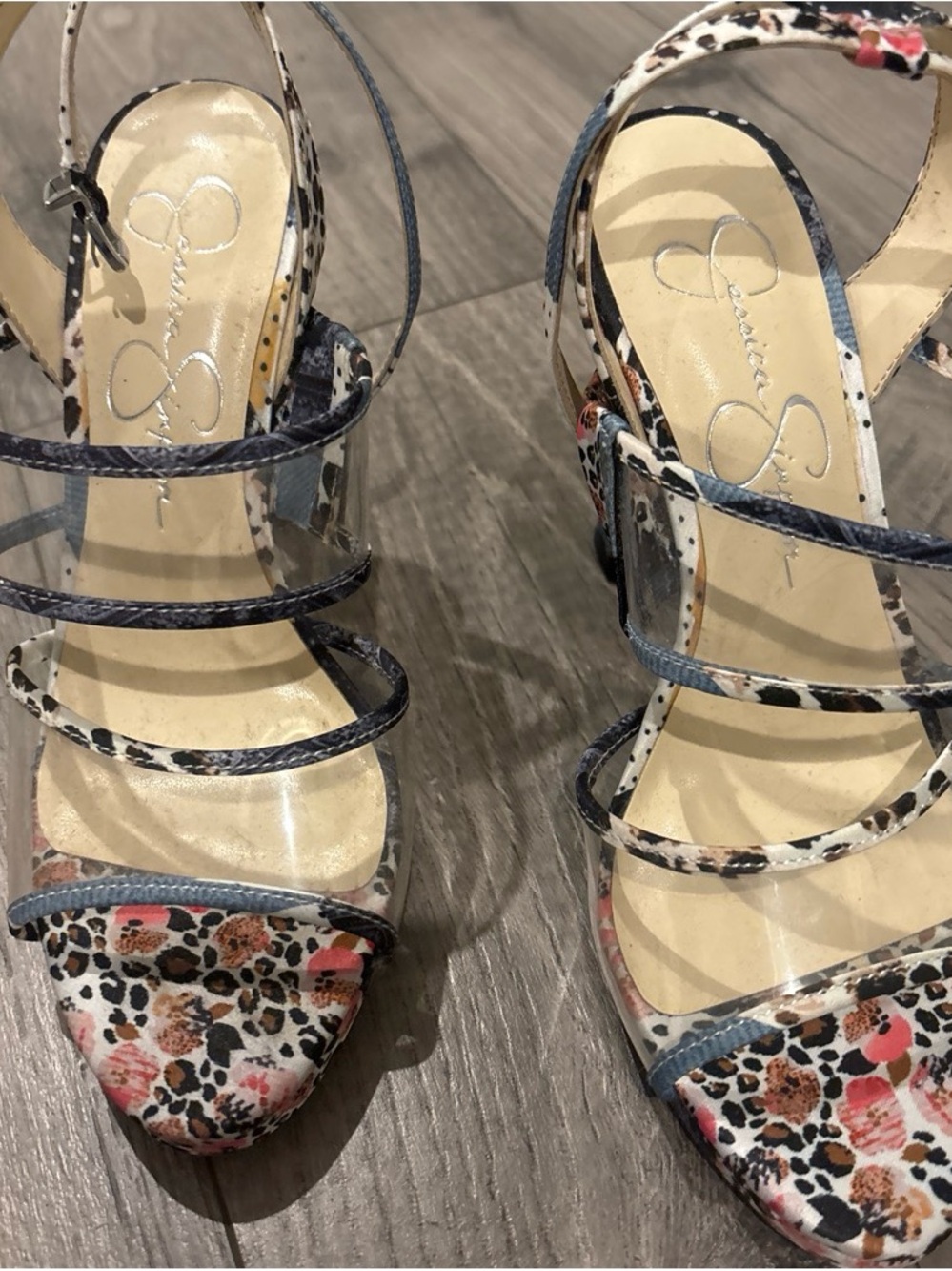 Jessica Simpson Multi Floral Leopard Print Clear-Strap Heels